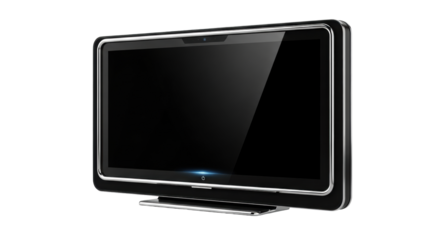 Sleek, futuristic television, ultra-thin black display, polished chrome frame, centered on transparent background, ample copy space, minimalist studio product shot. Concept of advanced home