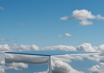 Mirrored Silver Cube Podium Reflecting Clouds in a Clear Blue Sky, Ideal for Product Presentation