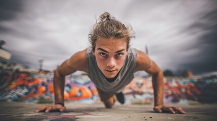 Muscular young man in grey tank top doing push-ups on concrete, looking intently