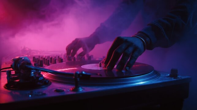 Hands spin a vinyl record on a turntable amidst vibrant neon pink and blue stage lighting