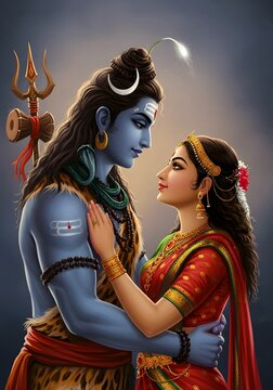 Romantic Artistic Depiction of Shiva and Parvati Divine Couple in Love