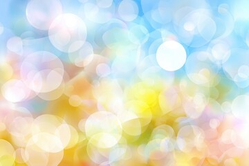 Ethereal bokeh with gradient pastel hues of blue, yellow, orange, pink, & white creating a soft, dreamlike, & light-filled abstract background