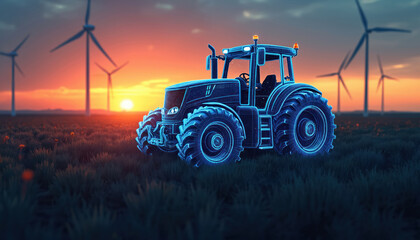 Fototapeta premium Futuristic blue neon tractor with wireframe design operates in grassy field at sunset with wind turbines in background. Represents digital agriculture, sustainable energy, innovation, automation in