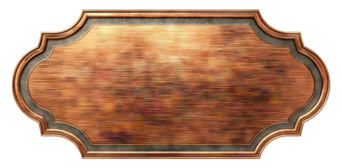 Decorative copper nameplate with textured brushed finish and dark inner border, isolated on transparent cutout background