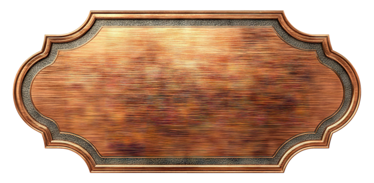 Decorative copper nameplate with textured brushed finish and dark inner border, isolated on transparent cutout background