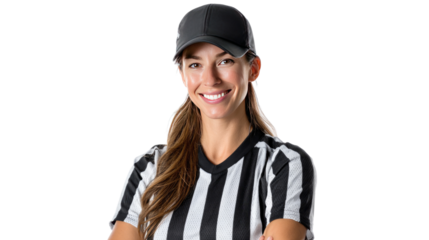 Poised Referee: A professional referee in a striped uniform and cap, displaying confidence. This image encapsulates fairness and control in the sports arena.