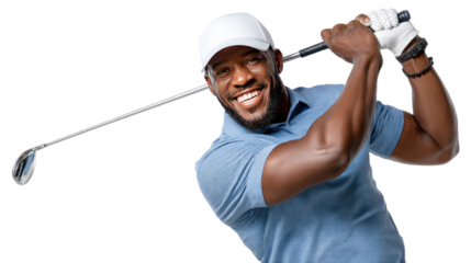 Golfer's Focus: A golfer swings his golf club with focused intensity, captured in a photorealistic moment on a pristine golf course, showcasing skill, determination, and athleticism.