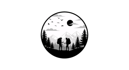Adventurous hikers embracing stunning mountain vista under a crescent moon with circling birds and pine trees