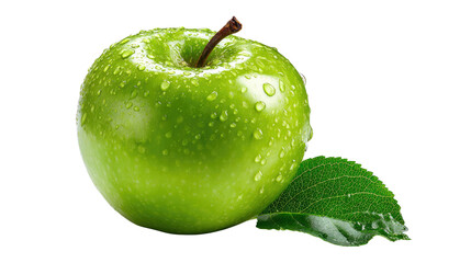 Vibrant Green Apple: A pristine green apple, fresh from the orchard, gleams with droplets of water, showcasing its natural beauty alongside a verdant leaf. The image evokes freshness, health.