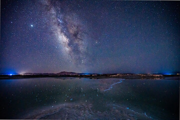Starry Night Sky Over Qinghai Dachaidan Emerald Lake