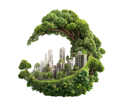 Futuristic urban landscape blending into nature in round eco concept, isolated on transparent cutout