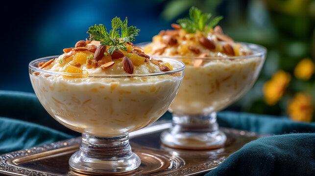 Creamy Semiya Payasam served in elegant glass bowls, garnished with nuts and fresh mint. Rich dessert setting, warm ambiance with colorful decor elements