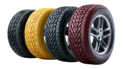 Tire Variety: A vibrant display of four tires, each boasting a unique color, showcasing design, quality, and a sense of innovation.