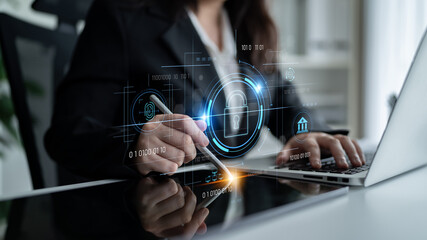 Cybersecurity system interface with biometric lock and data protection. Cybersecurity protects access, identity, cyber security prevents threats, and cyber security supports digital systems. Latch