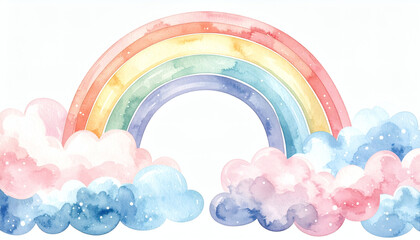 Watercolor Rainbow with Fluffy Clouds Isolated on White Background for Cheerful and Whimsical Artwork
