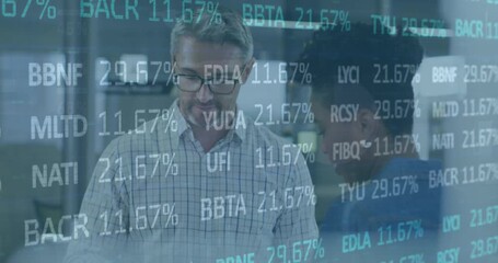 Animation of trading board, infographic interface on diverse coworkers discussing reports in office - Powered by Adobe