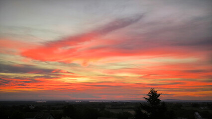 colorful sunset sunrise sky over the Danube river and city of Novi Sad