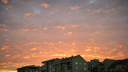 colorful sunset sunrise sky over the Danube river and city of Novi Sad