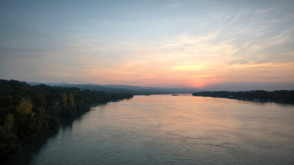 colorful sunset sunrise sky over the Danube river and city of Novi Sad