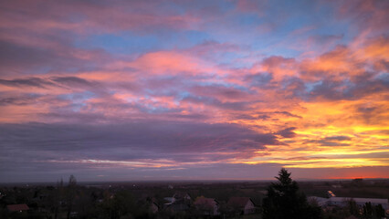 colorful sunset sunrise sky over the Danube river and city of Novi Sad