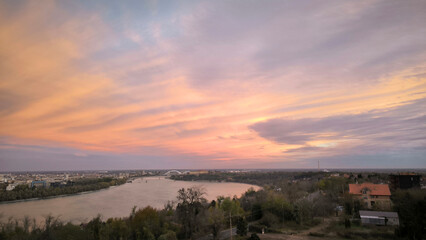 colorful sunset sunrise sky over the Danube river and city of Novi Sad