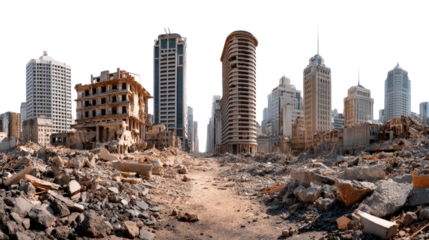 City in Ruins: A desolate cityscape is devastated, showcasing the aftermath of destruction, with buildings left in ruin amid rubble and debris, highlighting the theme of urban decay.