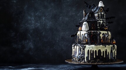 Halloween themed cake with spooky decorations from edible ghosts and bats to dark colored icing with a haunted house scene on top creating a fun and festive seasonal look