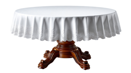 Round Table with White Cloth: An elegant, round wooden table is adorned with a pristine white tablecloth, creating a classic and inviting atmosphere.