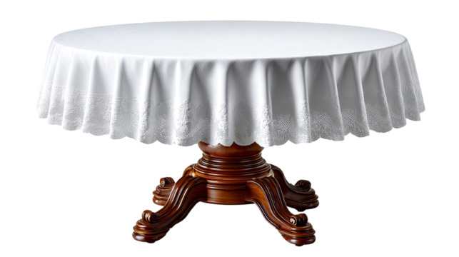 Round Table with White Cloth: An elegant, round wooden table is adorned with a pristine white tablecloth, creating a classic and inviting atmosphere.