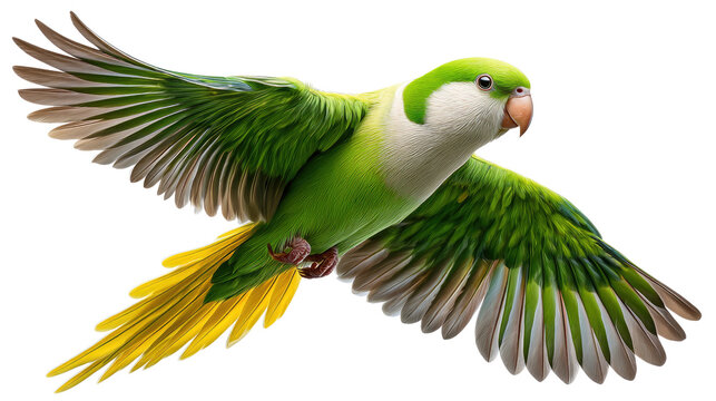 Monk Parakeet in Flight: A vibrant monk parakeet soars gracefully with its wings fully extended. The bird is a mesmerizing fusion of green and yellow plumage, captured in the radiant sun.
