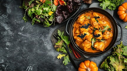 Halloween themed chicken karahi with spooky garnishes and a salad featuring dark greens and pumpkin accents creating a festive and slightly eerie meal for Halloween night