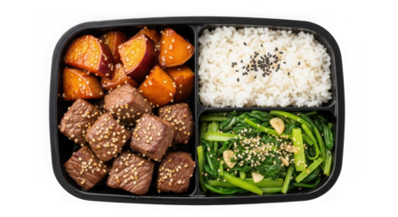 Delicious beef and sweet potato bento box with rice and greens, isolated on transparent background