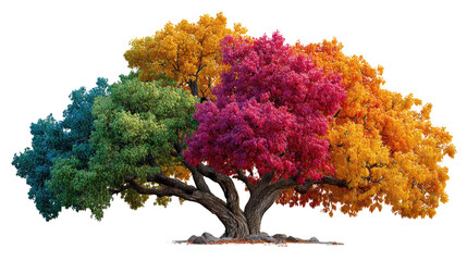 A Symphony of Seasons: An artistic representation of a majestic tree, its branches adorned with vibrant hues that represent the transitions of all the seasons.