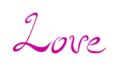 Lettering word Love. Pink color. Isolated on white background. Italic font, rounded lines, long swirling serif letters. Different shades of pink, fuchsia. Dynamic letters.