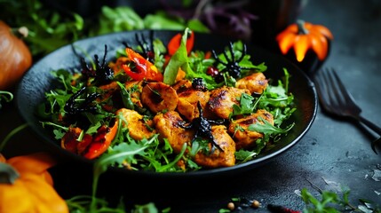 Halloween themed chicken karahi with spooky garnishes and a salad featuring dark greens and pumpkin accents creating a festive and slightly eerie meal for Halloween night