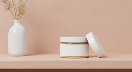 Minimalist Cosmetic Jar and Dried Flowers on Pink Background