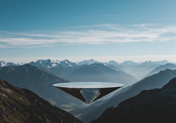 Reflective Inverted Triangle Podium Floating in Mountain Valley Landscape