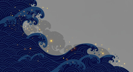 浮世絵風の波イラスト、葛飾北斎の神奈川沖浪裏風、海・水・和風背景、和風の波、Traditional Japanese Wave Illustration Inspired by Hokusai &ndash; The Great Wave with Copy Space