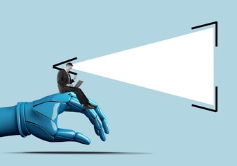 Signpost, cyber AI robot hand and business person