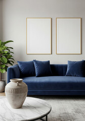 Modern living room interior with navy sofa, round marble table, two wall frames, large floor vase left, bright natural light, neutral wall tones and cozy Scandinavian home