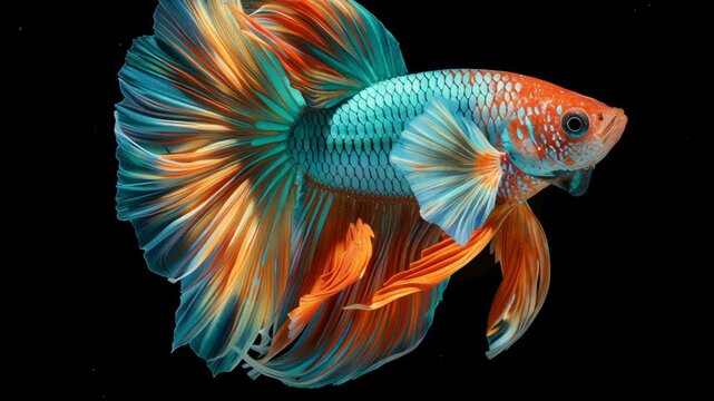 Betta fish with flowing fins turquoise and orange gradient colors swimming gracefully tropical aquarium showcasing vibrant colorful aquatic beauty and delicate fin details against black background