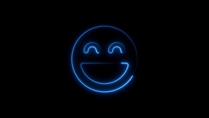 Glowing neon blue smiley face design on a stark black background representing happiness