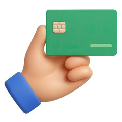 Green debit card held by a 3d hand icon, ideal for app interfaces, secure payments, financial services, and digital banking concepts.