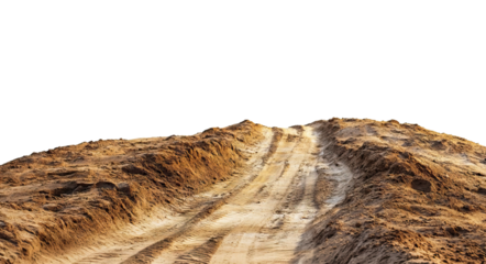 Muddy dirt road with deep tire tracks, isolated on transparent cutout background
