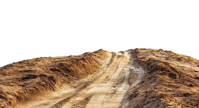 Muddy dirt road with deep tire tracks, isolated on transparent cutout background