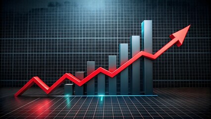 Fototapeta premium Red line graph on black background with upward arrow, symbolizing business growth, economic success, and financial progress. High-quality professional stock image for data an