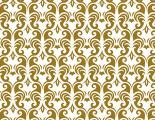 A gold and white seamless pattern of stylized ornate scrollwork.