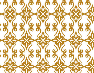 A golden seamless damask pattern with symmetrical floral and arabesque motifs.