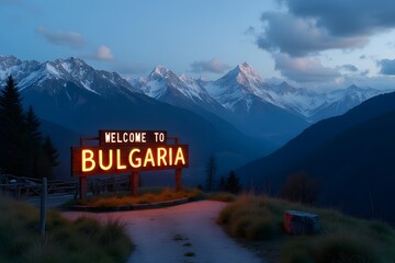 Welcome to Bulgaria – glowing mountain sign beside Rila Monastery with snow peaks in the background, ultra HD wide shot.
