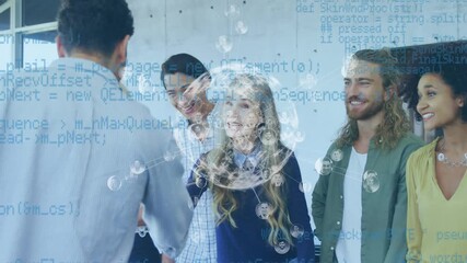 Animation of people icons and globe over happy diverse business people in office - Powered by Adobe